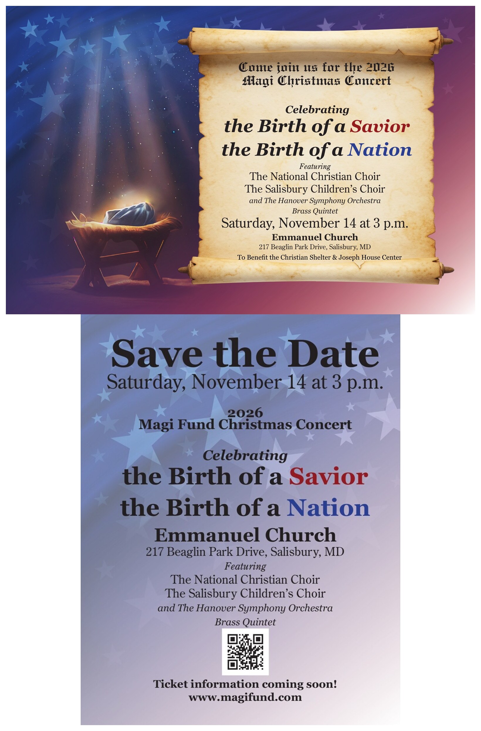Save the Date: 2026 Magi Fund Christmas Concert, Saturday November 14 at 3 p.m., Emmanuel Church, 217 Beaglin Park Drive Salisbury MD. Featuring the National Christian Choir, the Salisbury Childrens Choir and the Hanover Symphony Orchestra Brass Quintet. To benefit the Christian Shelter and Joseph House Center.