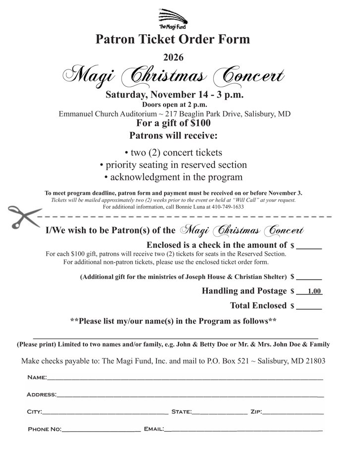 2026 Magi Christmas Concert patron ticket order form. A $100 gift includes two tickets, priority reserved seating and acknowledgment in the program. Form and payment due by November 3.