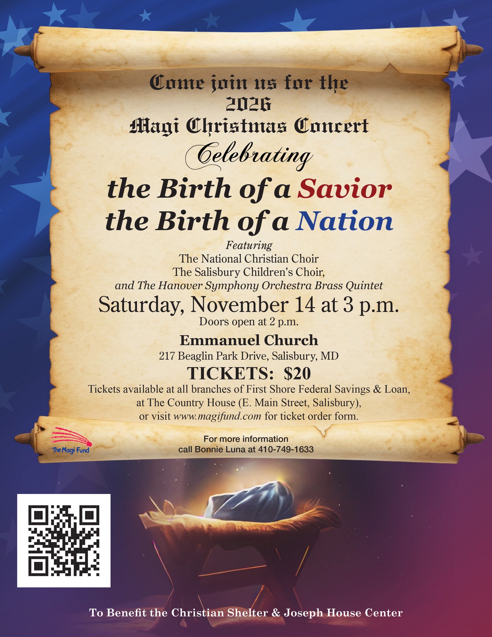 2026 Magi Christmas Concert poster: Celebrating the Birth of a Savior, the Birth of a Nation. Featuring The National Christian Choir, The Salisbury Children's Choir, and The Hanover Symphony Orchestra Brass Quintet. Saturday, November 14 at 3 p.m., doors open at 2 p.m., Emmanuel Church, 217 Beaglin Park Drive, Salisbury, MD. Tickets $20 at all First Shore Federal Savings & Loan branches and The Country House on East Main Street, or visit magifund.com for the ticket order form. For more information call Bonnie Luna at 410-749-1633. To benefit the Christian Shelter and Joseph House Center.